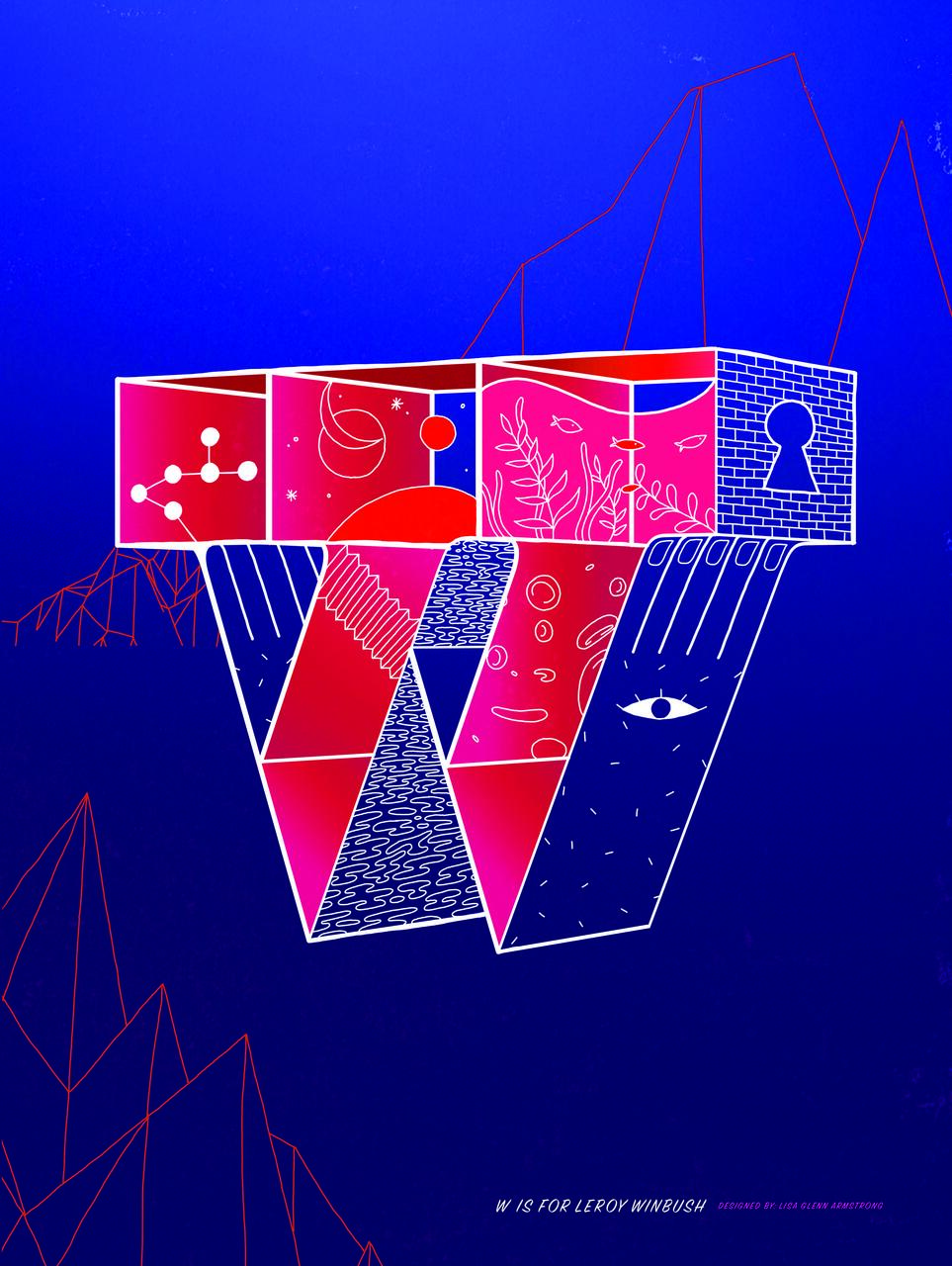An abstract graphic with the letter "W" filled with various patterns and shapes, including space, plants, and a keyhole against a blue background with red line mountains.