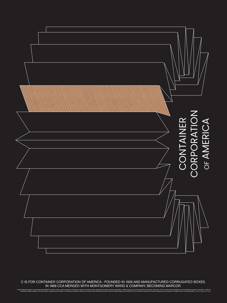 Graphic design featuring white outlines of overlapping corrugated boxes on a black background, with one box in the center shaded brown. The words "Container Corporation of America" are vertically aligned on the right.