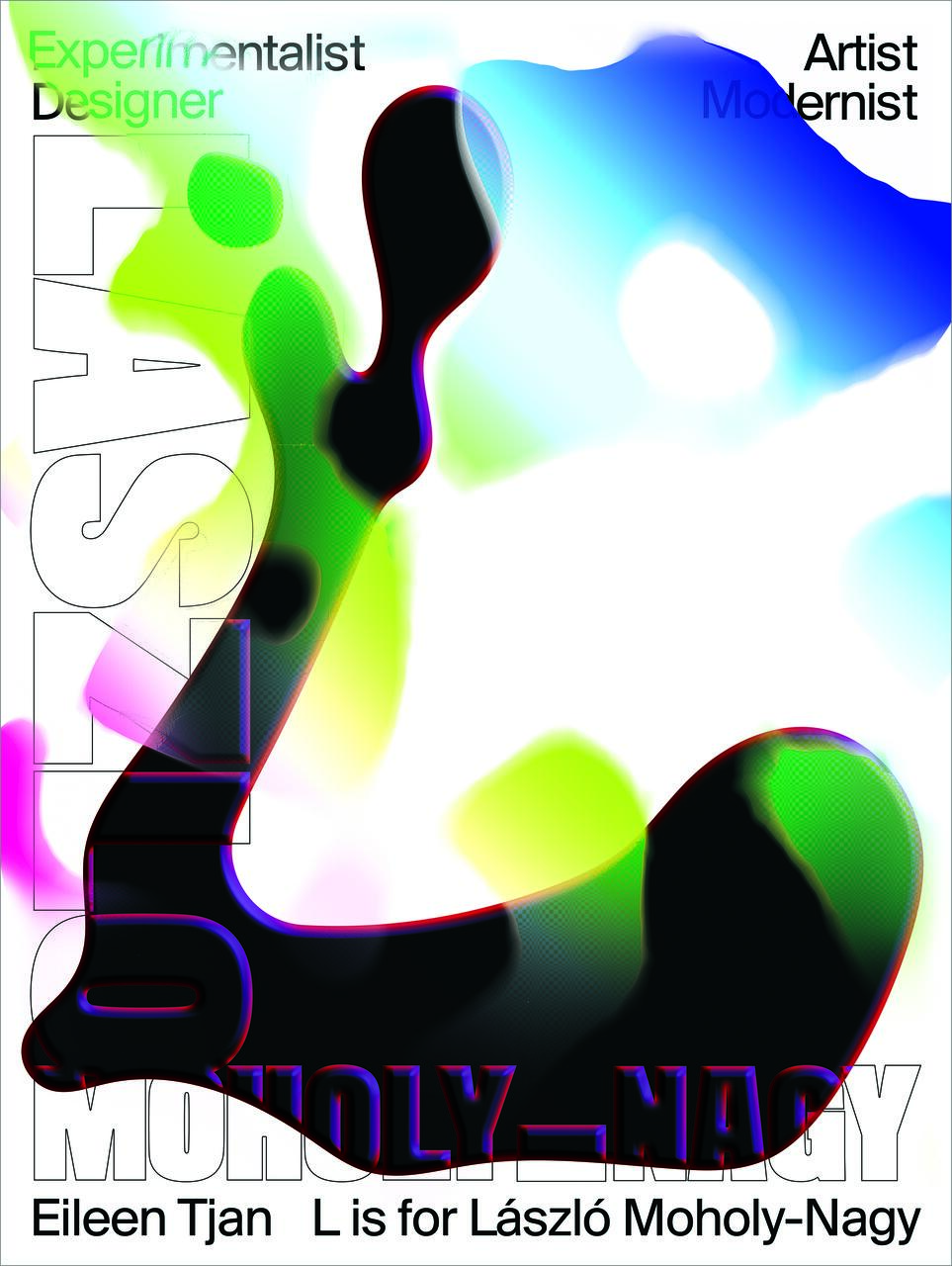 Abstract graphic with fluid black shapes outlined in bright colors on a white background, featuring text in varying fonts.