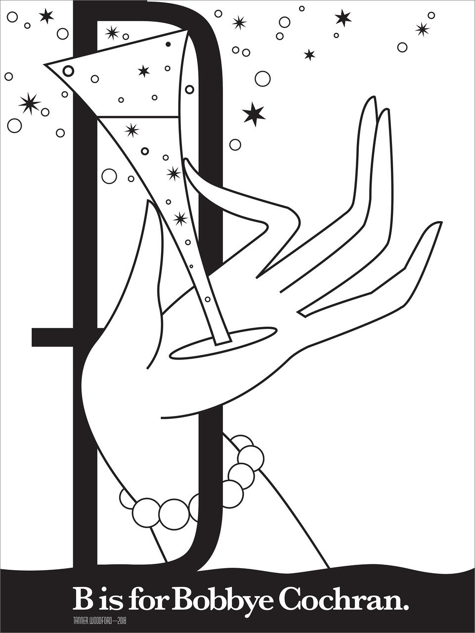 A stylized black and white drawing features a hand holding a sparkling cocktail glass. The hand is graceful with long fingers and a bracelet of circular beads. Stars and bubbles float around, creating an elegant and festive atmosphere.