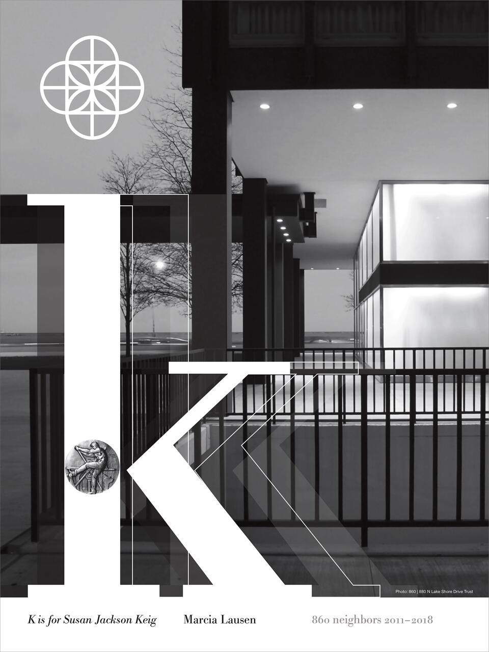 Large letter "K" overlay on a black and white photograph of a modern building facade with a geometric logo. Bare trees and railing visible, with a glowing window on the right. Text at the bottom credits the work.