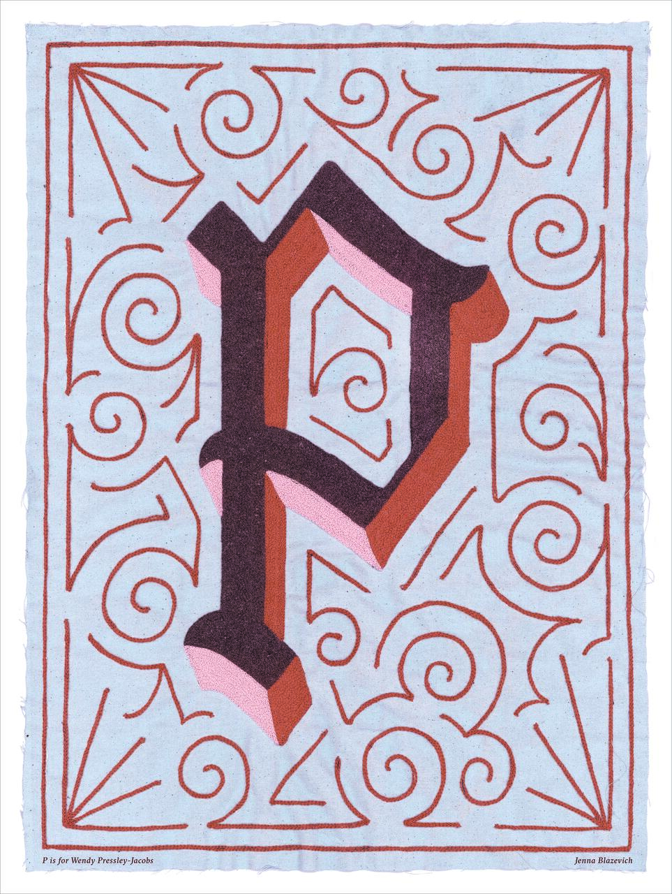 Large stylized letter "P" with intricate red, pink, and brown patterns on a light blue background, surrounded by swirls and geometric designs.