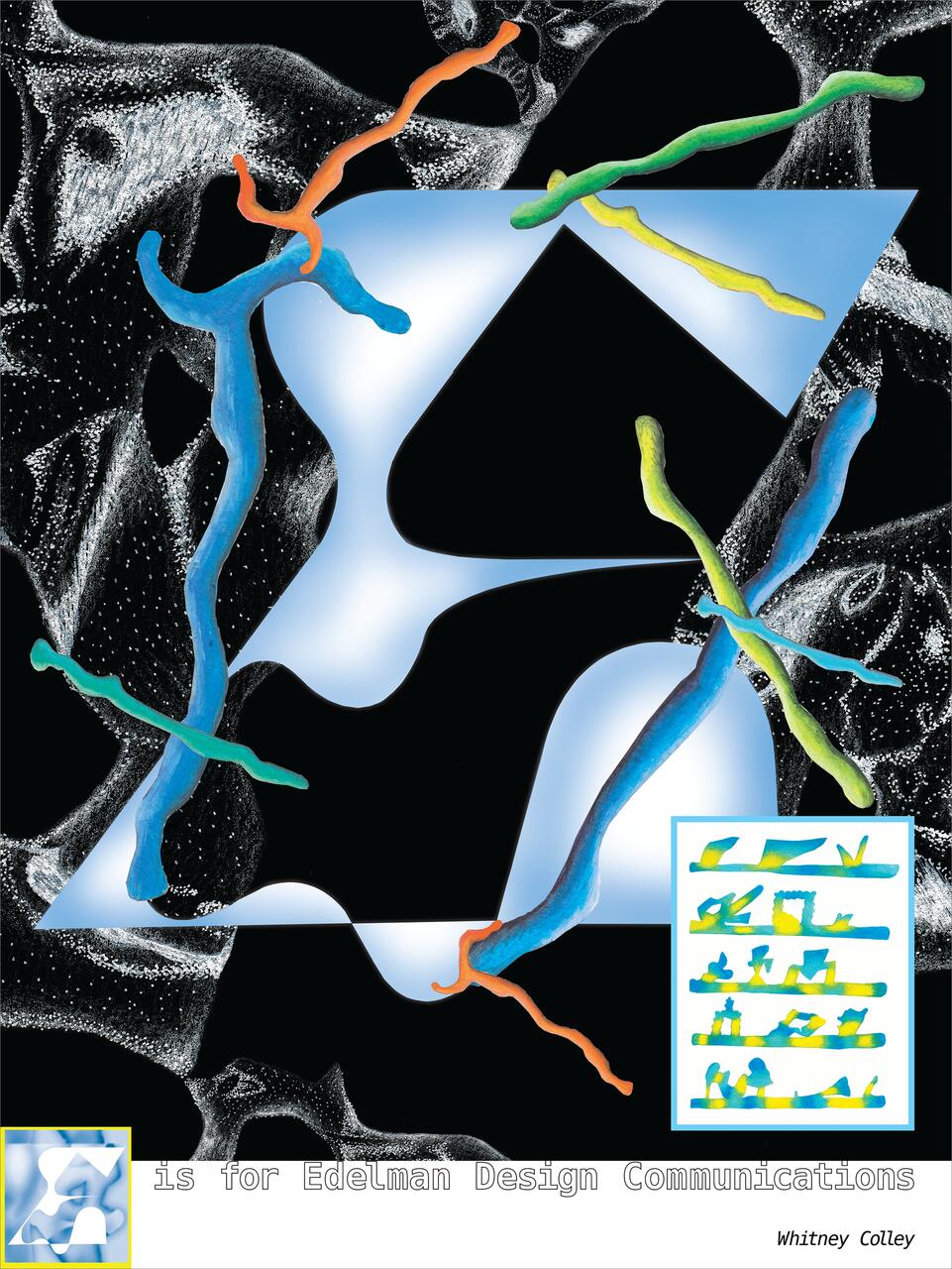 Abstract graphic featuring colorful, wavy 3D lines over a gradient blue and black geometric background. White speckles create a textured effect. A small logo resembling an "E" appears at the bottom left.