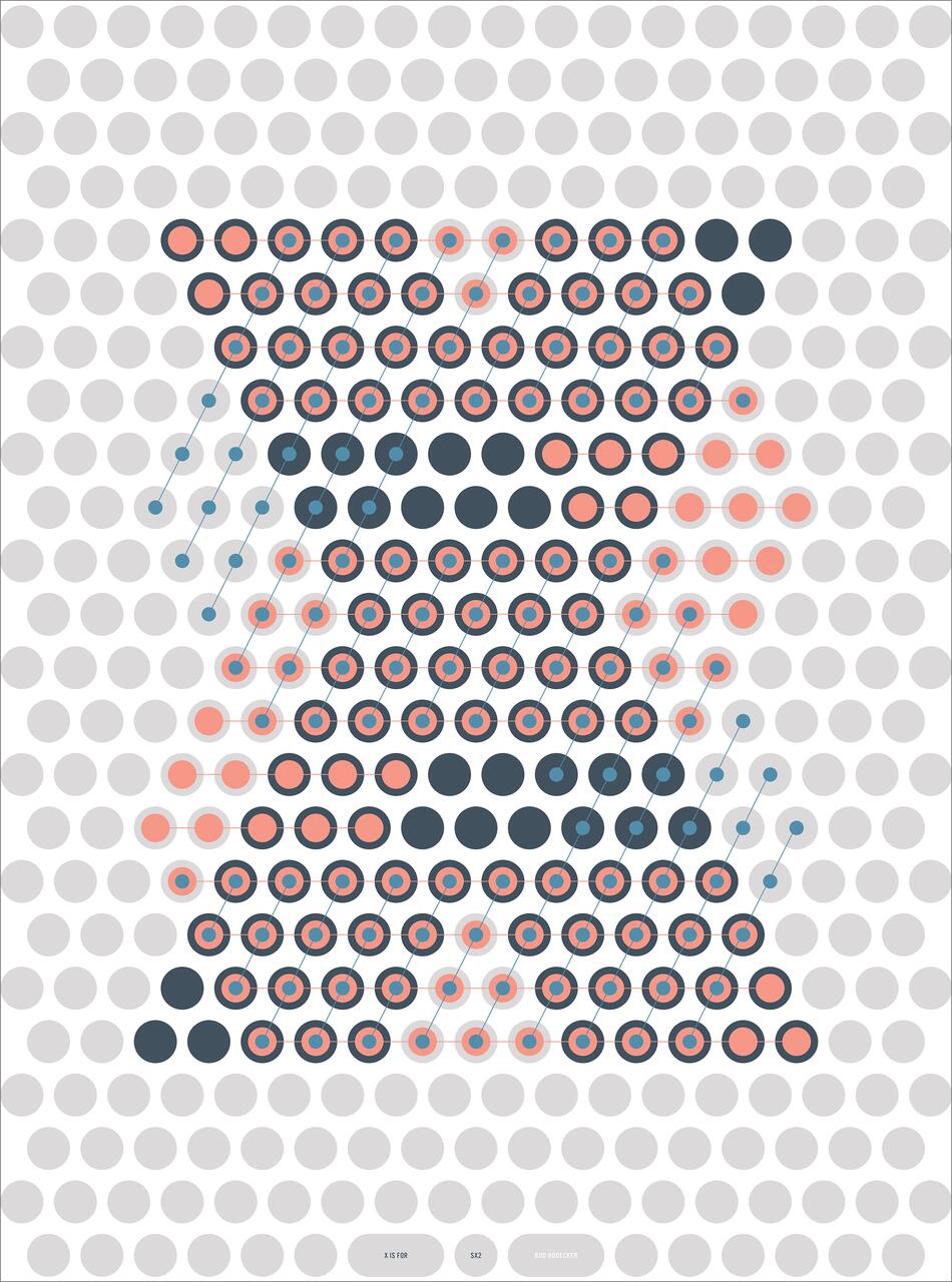 Abstract graphic with rows of interconnected circles in red and dark blue on a background of light gray circles. The design forms a symmetrical pattern, creating a visually dynamic effect.