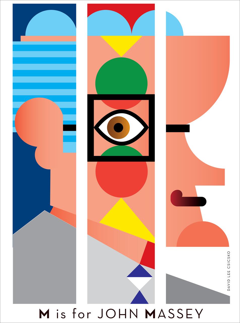 Abstract graphic of a face in profile using geometric shapes and bright colors; features include a prominent eye in the center, a red circle, green and yellow triangles, and blue arcs. Design by David Lee Csicsko.