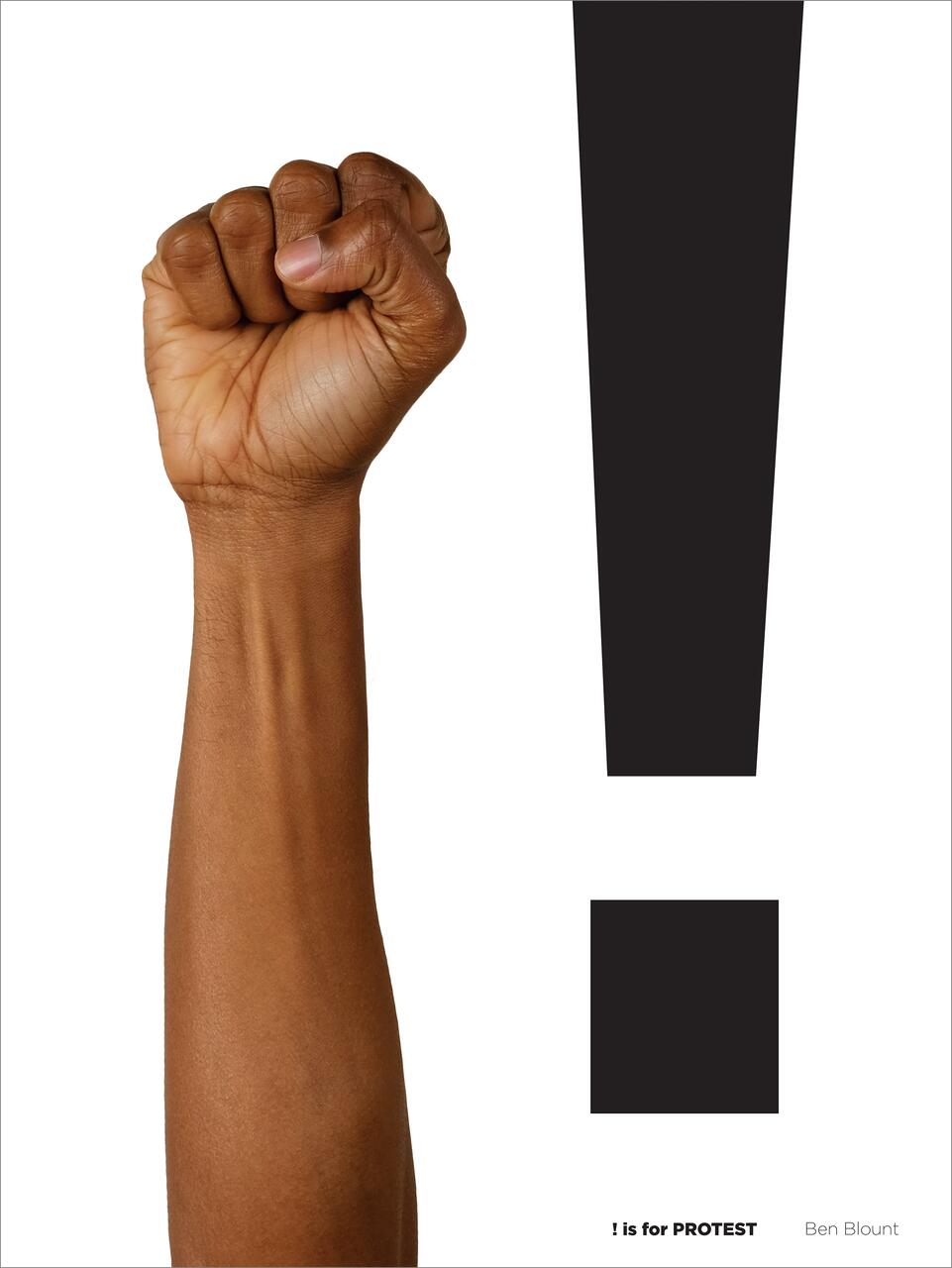 Raised fist next to a bold, black exclamation mark on a white background, symbolizing protest and empowerment.