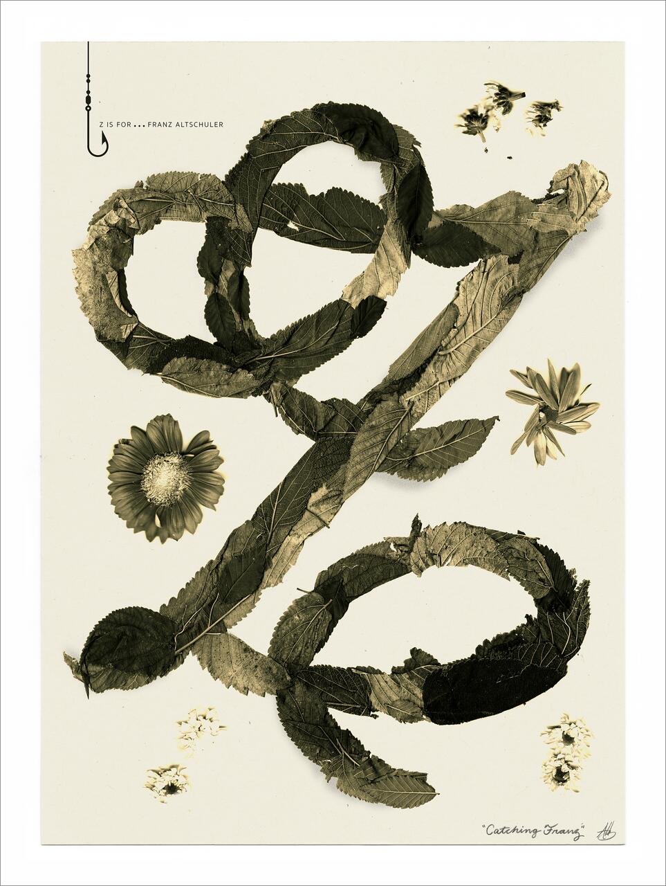 A decorative letter "Z" created with leaves, surrounded by various flowers on a light background.