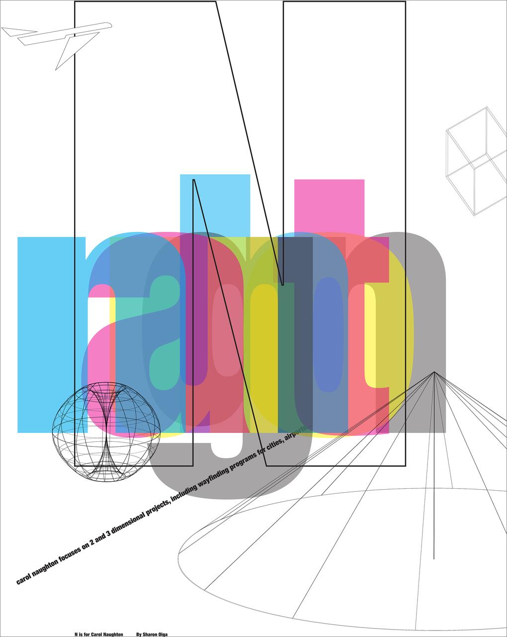 Abstract artwork features overlapping colorful shapes, geometric lines, and outlines of an airplane and cube.