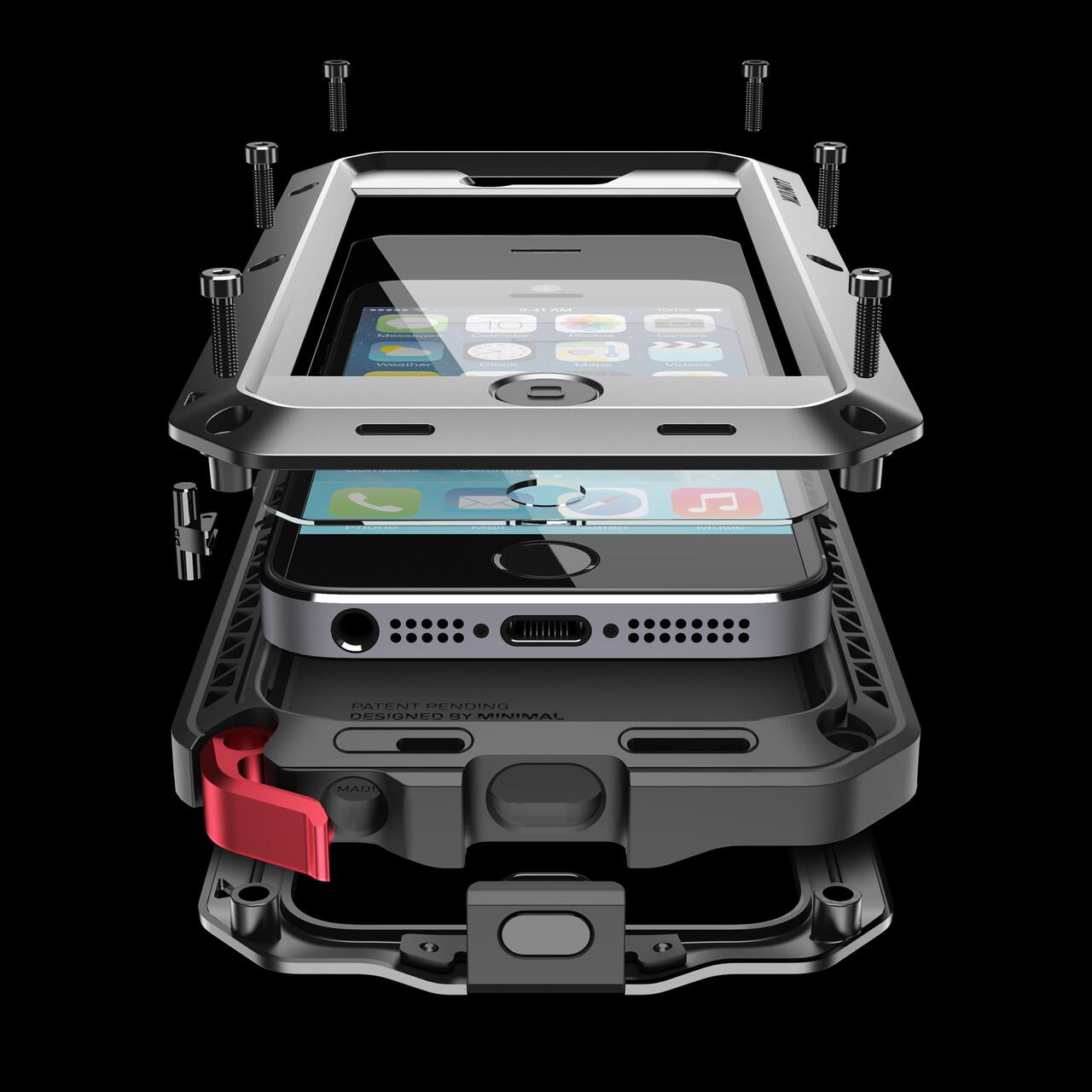 Smartphone in an exploded view showing components, including metal protective layers and screws set against a black background.