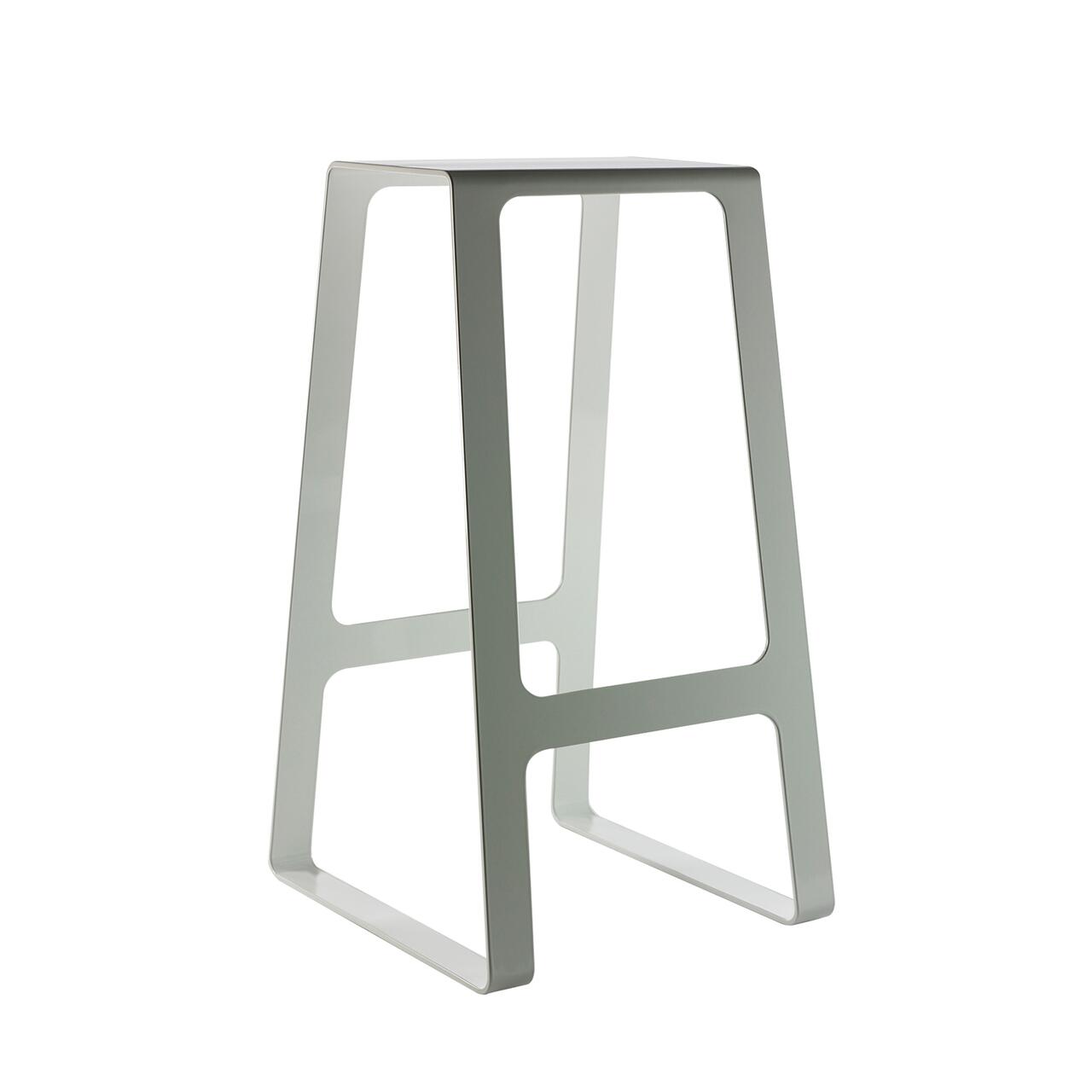 Modern minimalist metal stool with a square seat and angular legs.