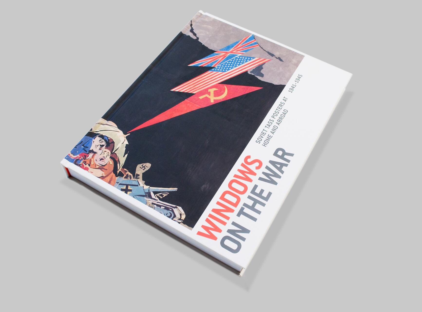 Book cover titled "Windows on the War" featuring a Soviet flag alongside British and American flags. The background includes wartime imagery with Soviet soldiers and tanks over Nazi symbols.
