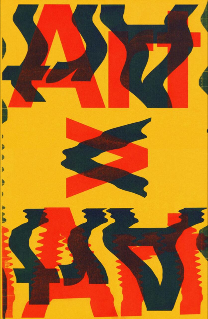 Bold, distorted red and black text on a bright yellow background, creating an abstract graphic design.