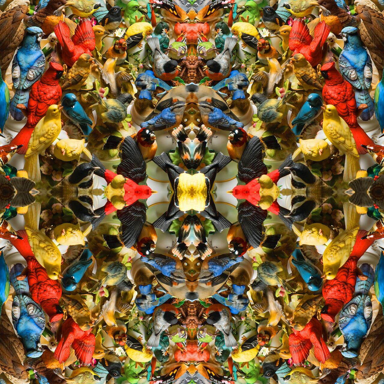 Colorful symmetrical artwork featuring various birds in different hues, creating a mirrored pattern.