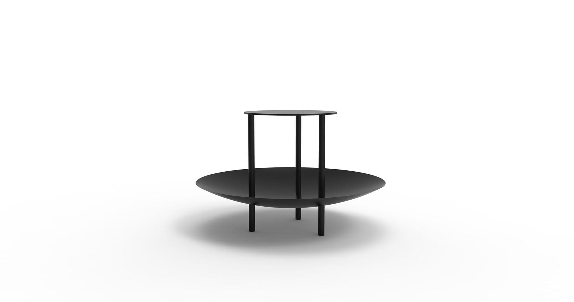 Modern black metal table with two circular surfaces, the lower one larger and dish-like, supported by four legs. The upper, smaller surface is elevated on three vertical rods. Set against a white background.