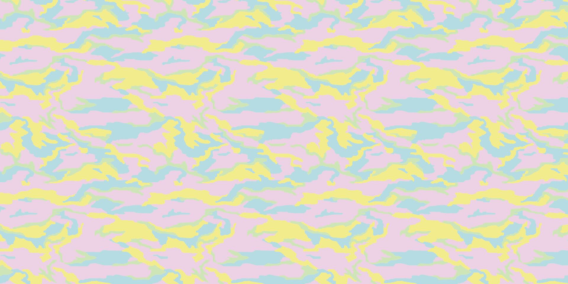 Pastel camouflage pattern with light pink, blue, and yellow abstract shapes intermingling across the image.