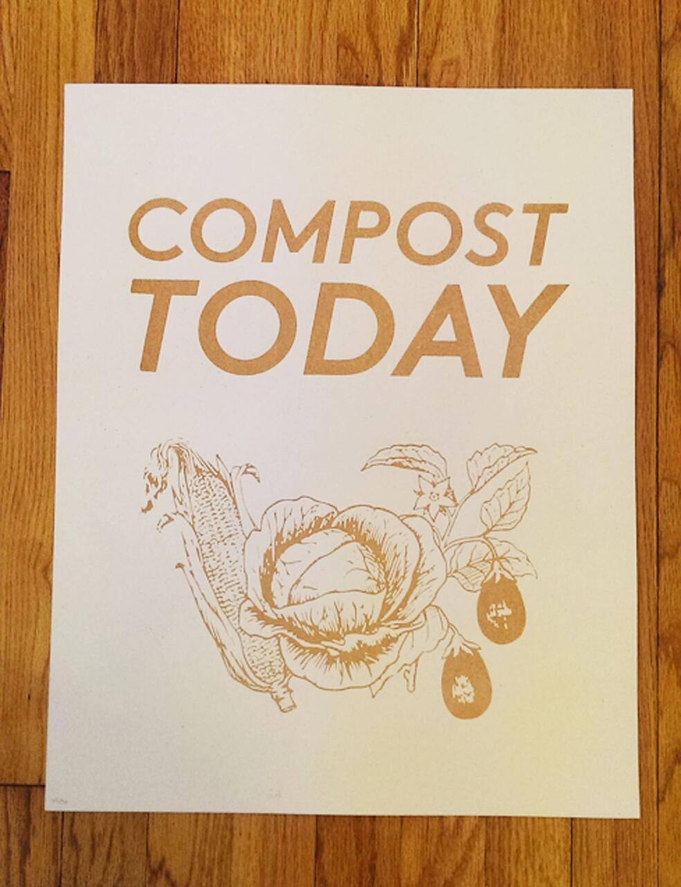 Poster with "Compost Today" in bold letters, featuring line drawings of corn, lettuce, and eggplants on a light wood background.