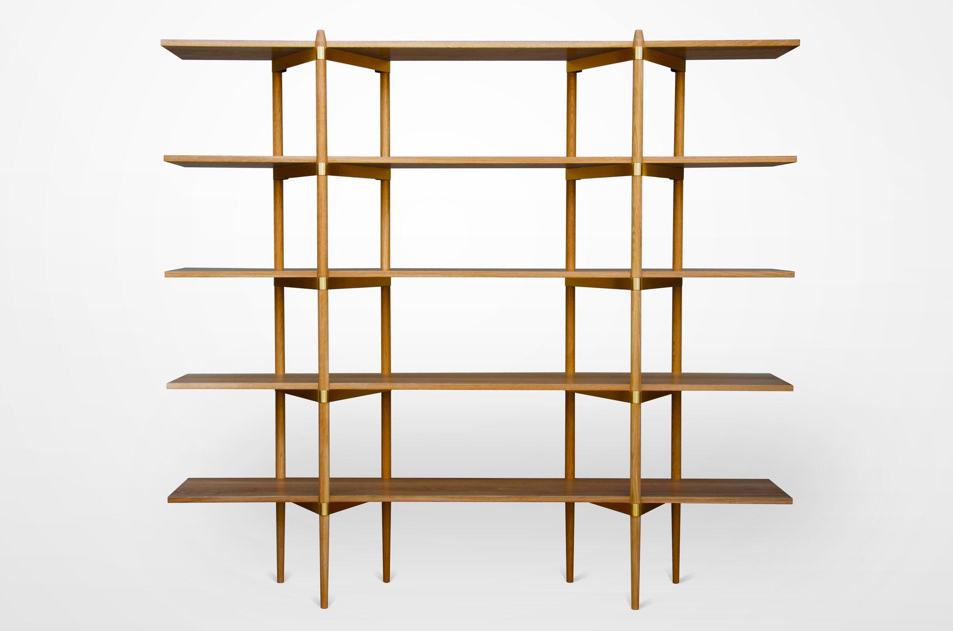Wooden bookshelf with five shelves, featuring vertical and diagonal supports, against a plain white background.