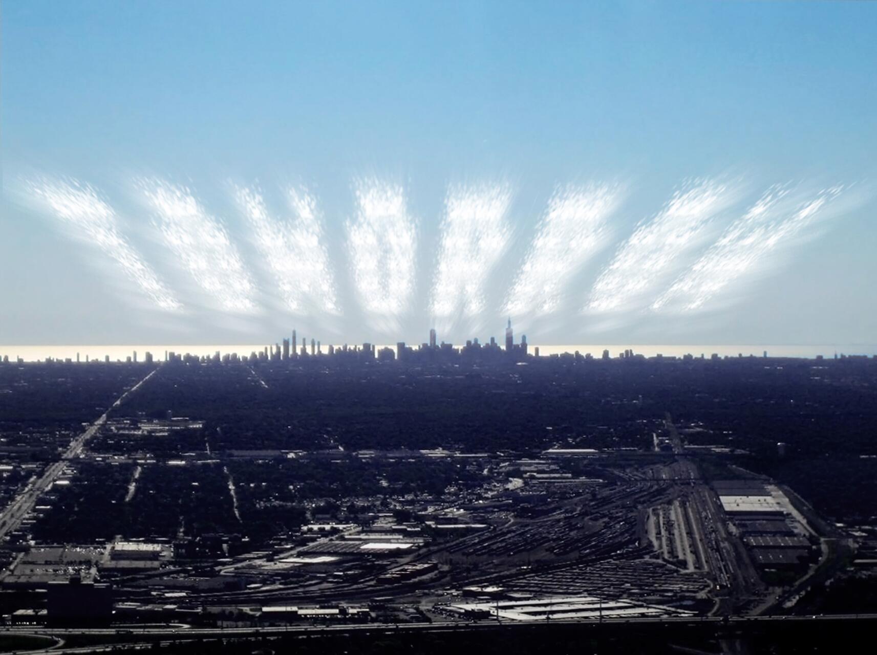 City skyline with a blue sky above, white clouds radiating outward like sunrays.