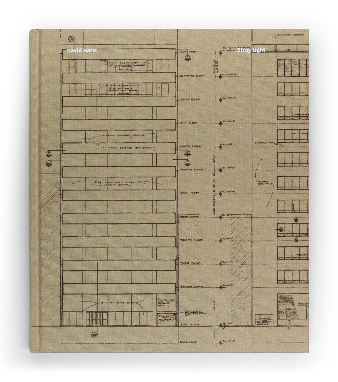 Book cover with architectural blueprint design, showing detailed plans of a building's facade and cross-section. The background is beige with dark brown lines. Text reads "David Hartt" and "Stray Light."