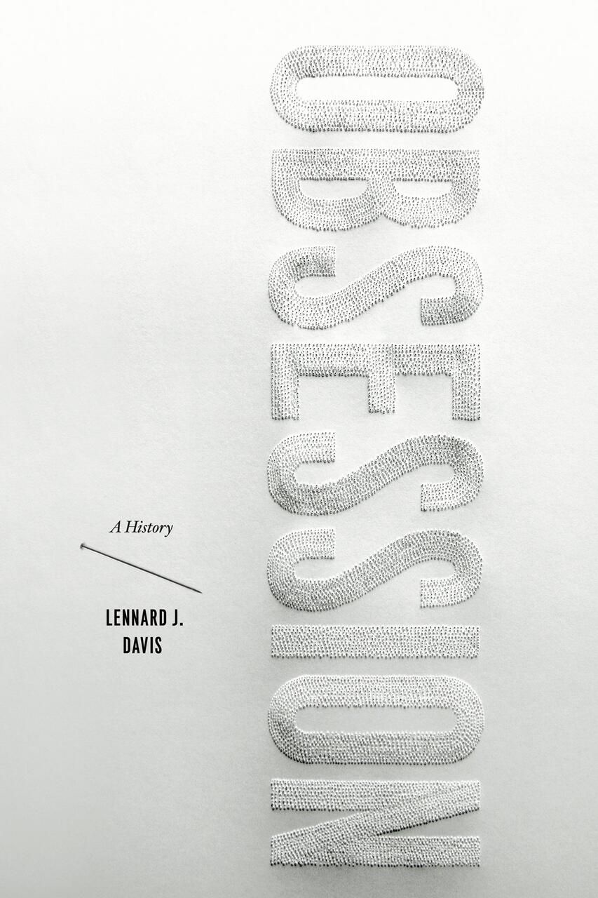 Book cover with the word "Obsession" in large textured letters vertically, resembling pins or pearls. The author's name and subtitle "A History" are in smaller text on the left, with a single needle pointing diagonally. The background is a soft gray.