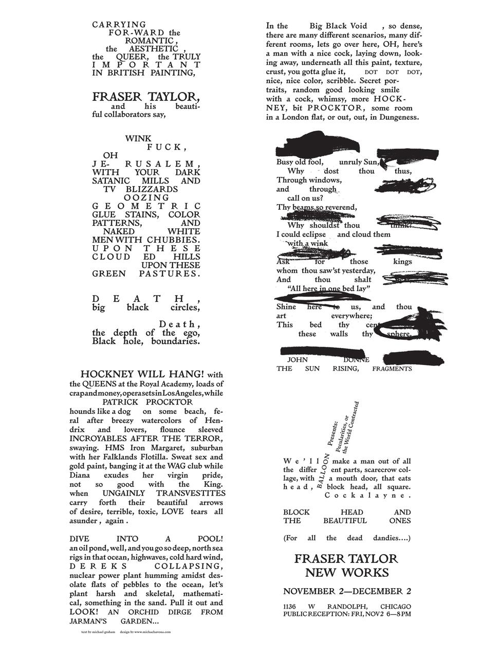 Promotional poster for Fraser Taylor's "New Works" exhibition, featuring stylized text and poems in varied fonts and orientations. Includes exhibition details such as location in Chicago and dates, November 2 to December 2, with a public reception on Friday, November 2, 6–8 PM.