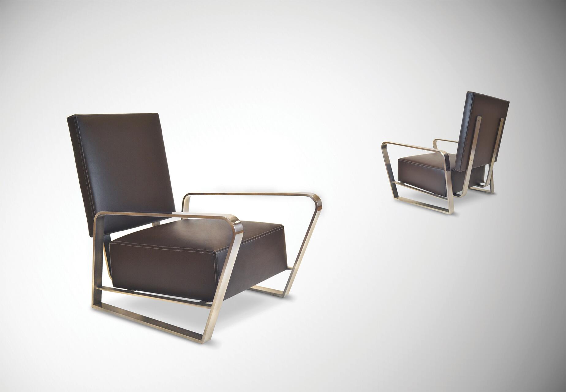 Two modern chairs with black leather cushions and sleek metal frames, showcased at different angles on a white background.