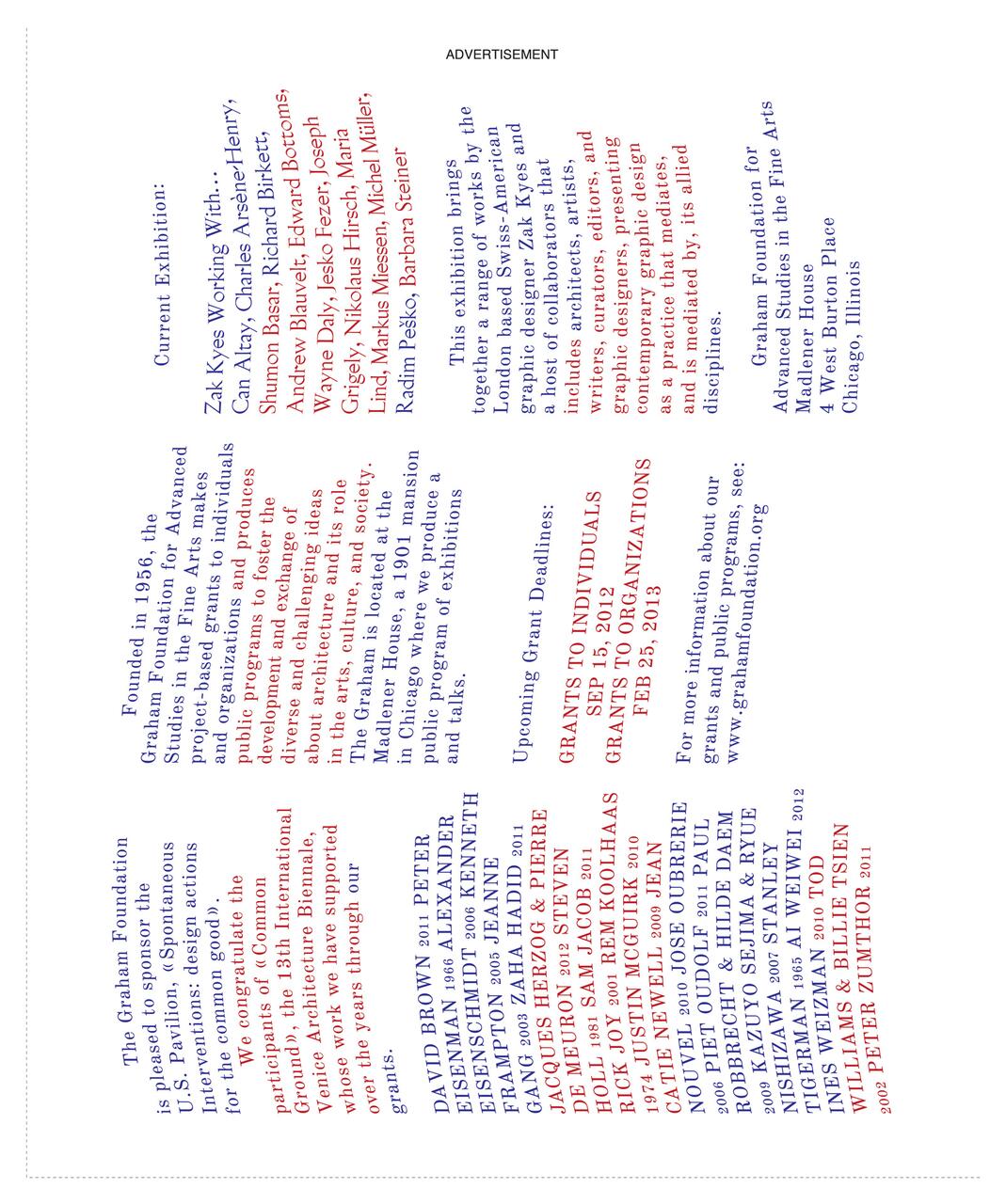 Text advertisement featuring upcoming exhibitions, grant deadlines, and past grant recipients. Contains blue and red text in vertical orientation, highlighting artists and designers. Includes web address for more details at the Graham Foundation, Chicago.