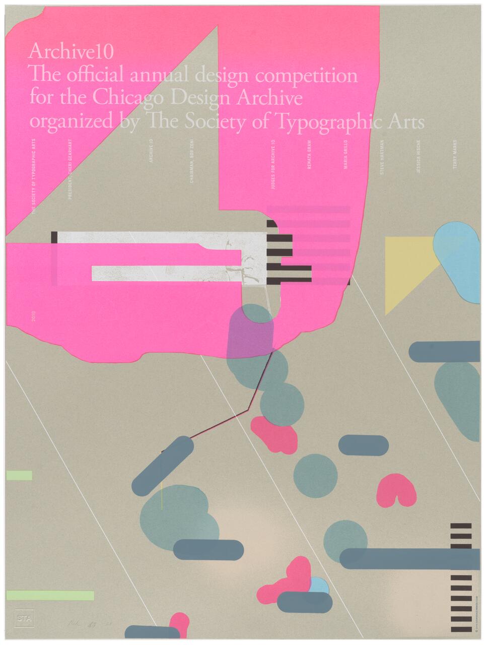 Abstract graphic design with geometric shapes in pink, blue, and beige tones. Includes overlapping circles, rectangles, and a large angular shape. Bold use of color contrasts against a muted background.