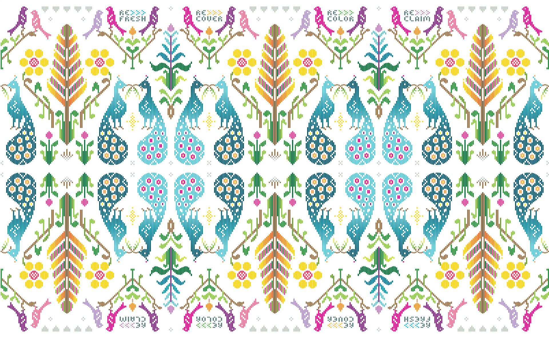 Colorful textile pattern featuring stylized peacocks, plants, and birds in a symmetrical design with shades of blue, pink, yellow, and green.