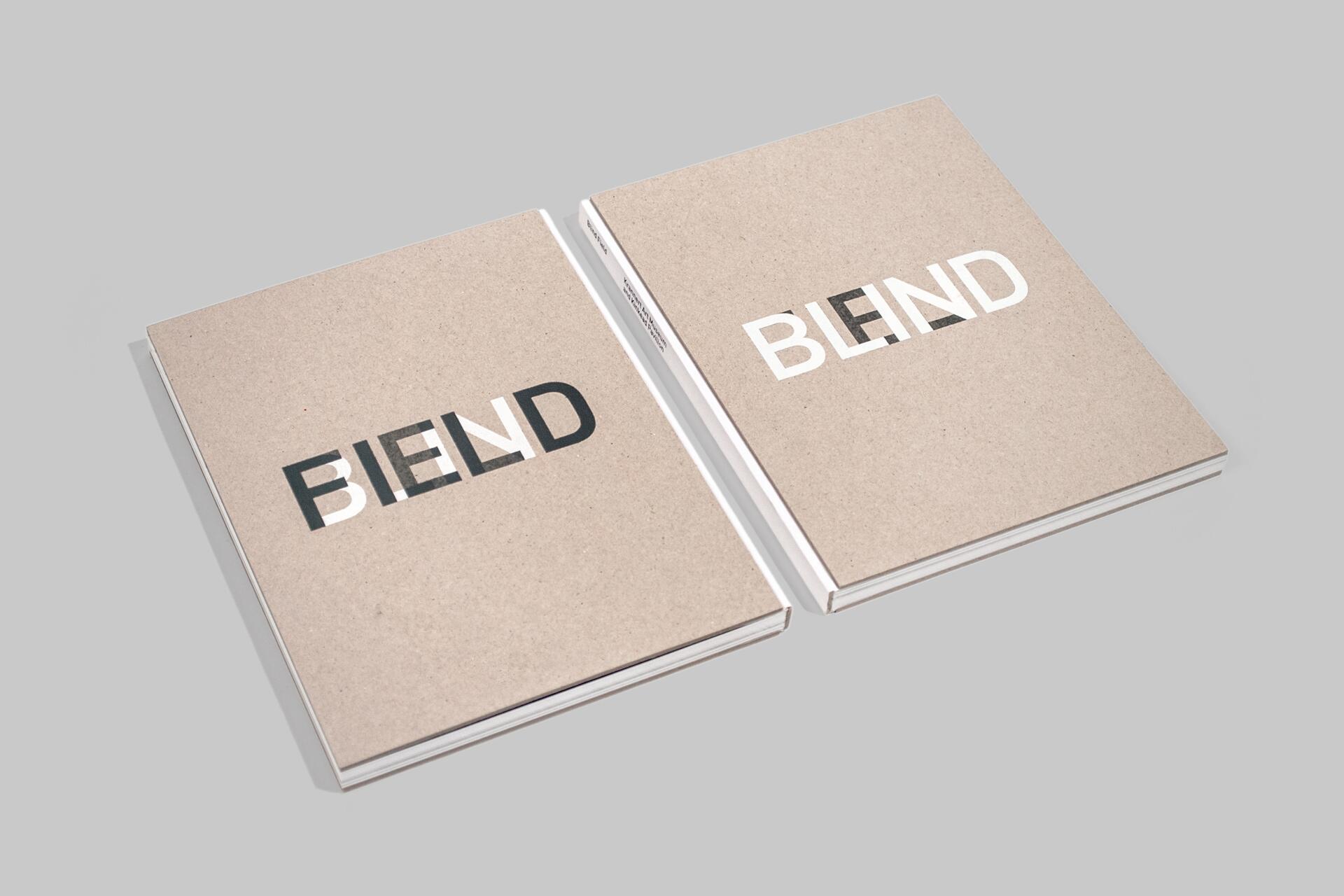 Two beige books side by side on a gray background, each with a cutout title that spells "BLEND" and "BLIND" in a mix of black and white letters on the covers.