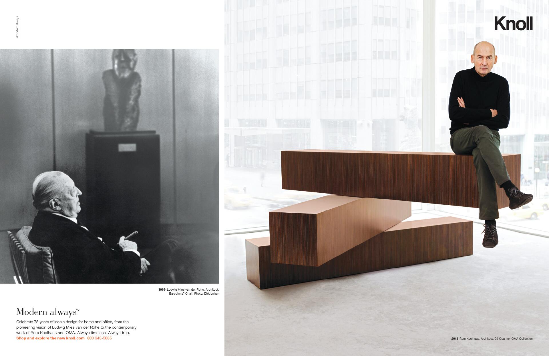 Black and white photo of Ludwig Mies van der Rohe seated with a sculpture in the background on the left. On the right, a modern office setting with a layered wooden structure, a man in a black sweater and green pants sitting on it. Knoll logo in the top right corner.