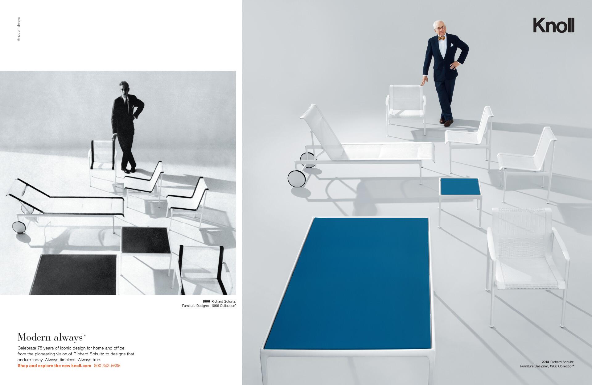 A man in a suit stands confidently beside modern white outdoor furniture with blue accents. The setting is minimalistic and bright, emphasizing the sleek design of the chairs and tables. The logo "Knoll" is visible in the top right corner.