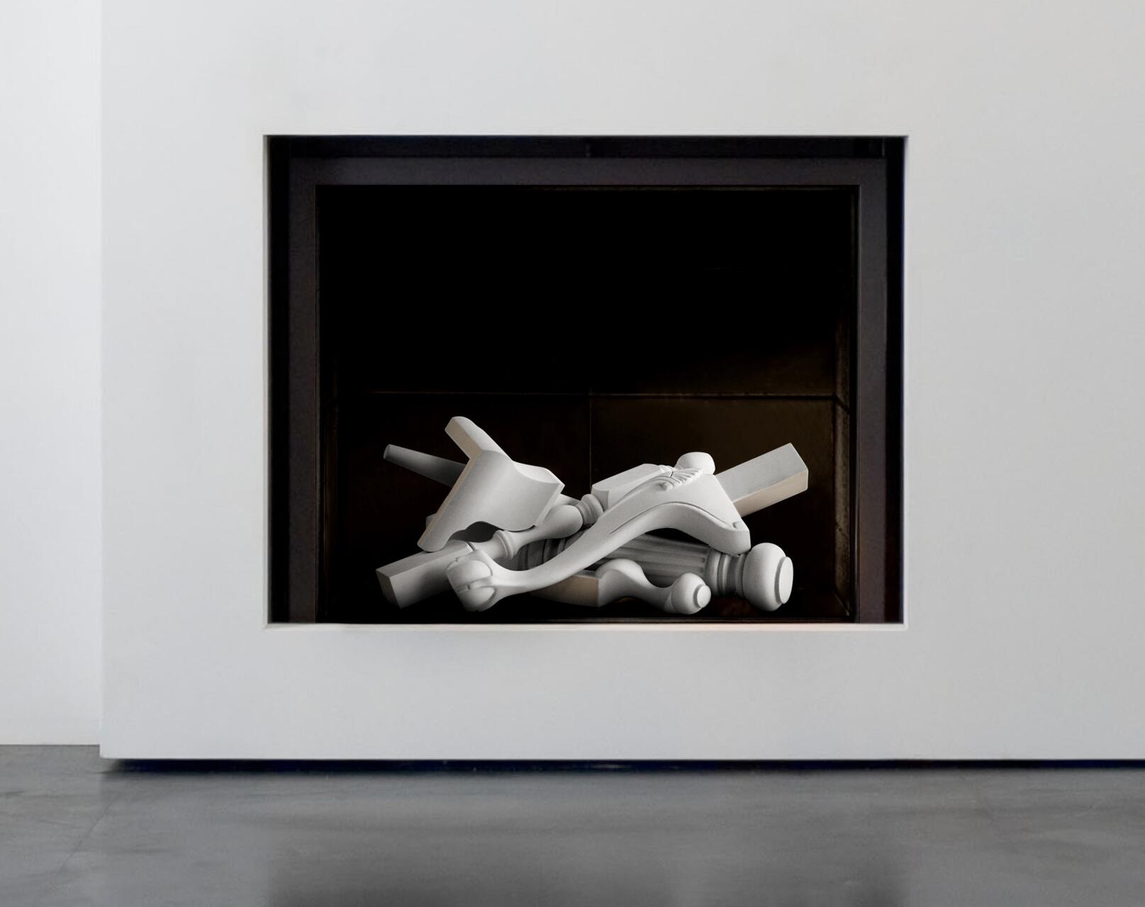 A decorative modern fireplace with abstract, white sculptural logs as a design element, set against a smooth, dark backdrop.