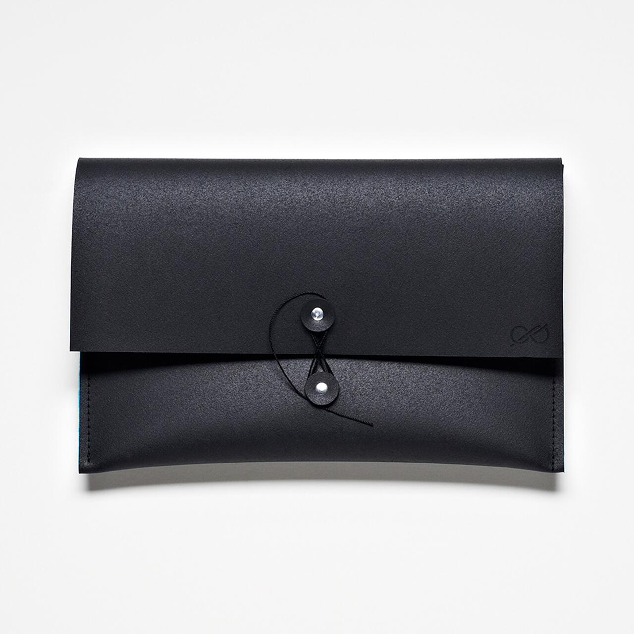 Black envelope-style folder with a button and string closure on a white background.