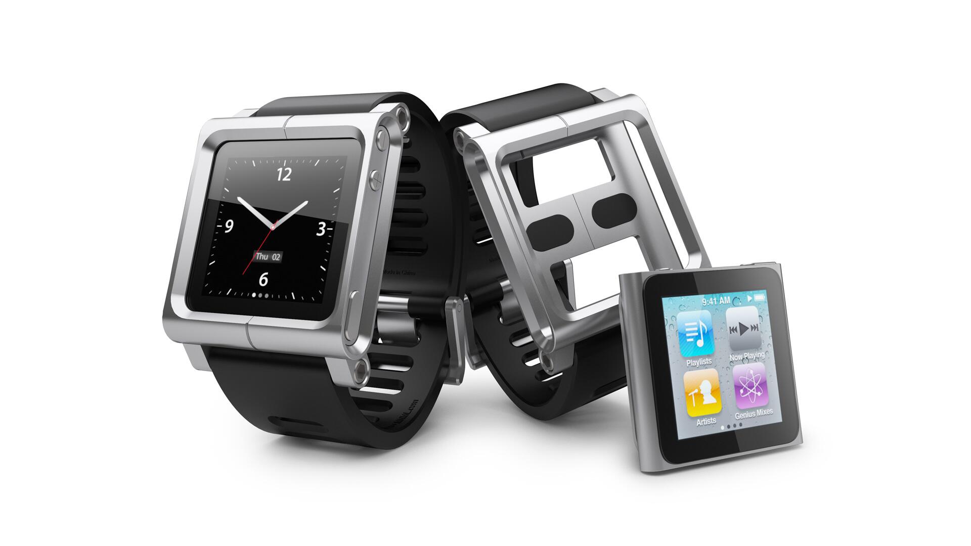 Three smartwatches with silver frames and black bands, featuring rectangular screens. Two watches are upright, one showing an analog clock and the other a menu with colorful app icons.