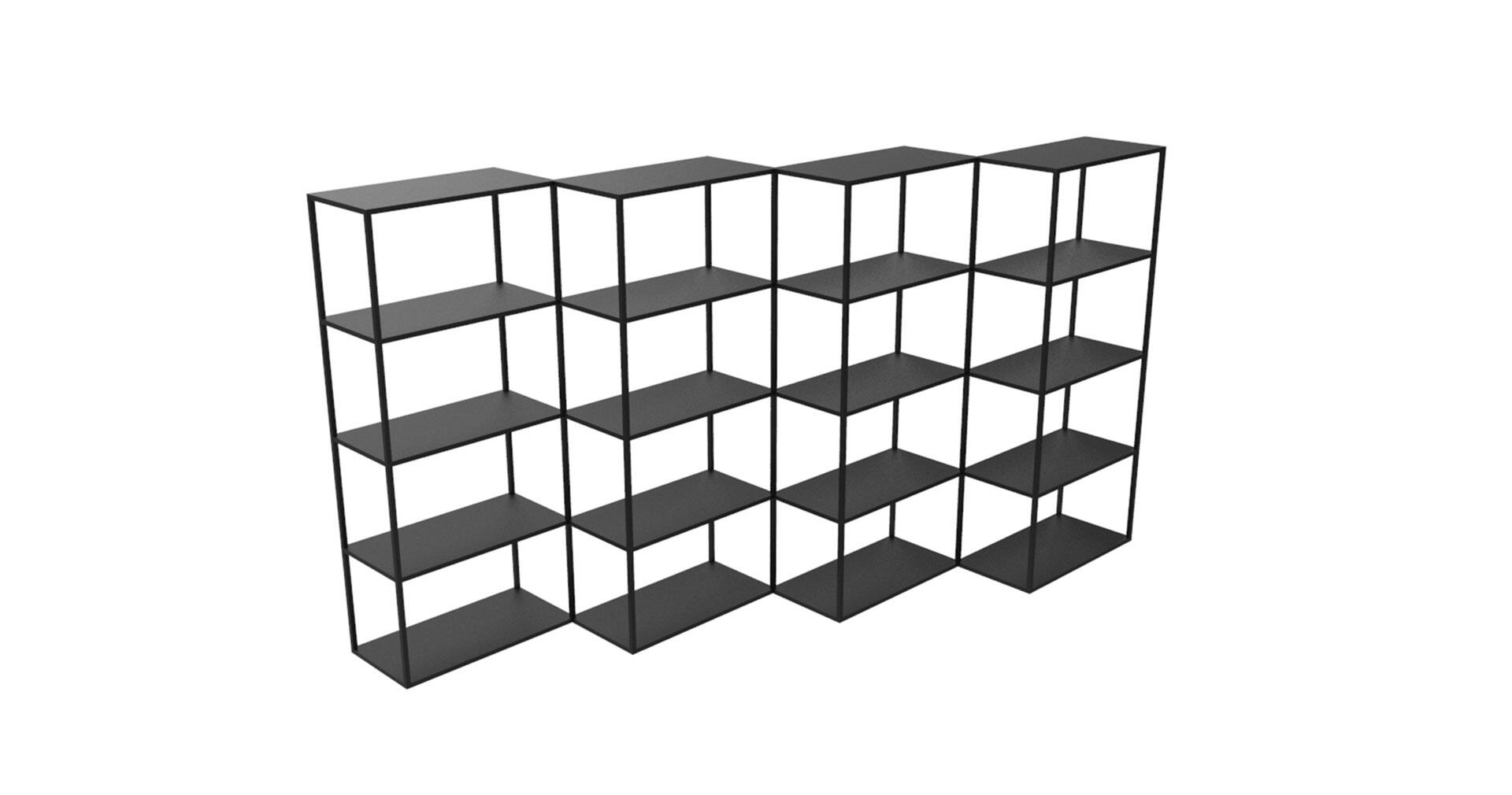 Black metal shelving unit with five rows and four columns, forming a zigzag shape against a white background.