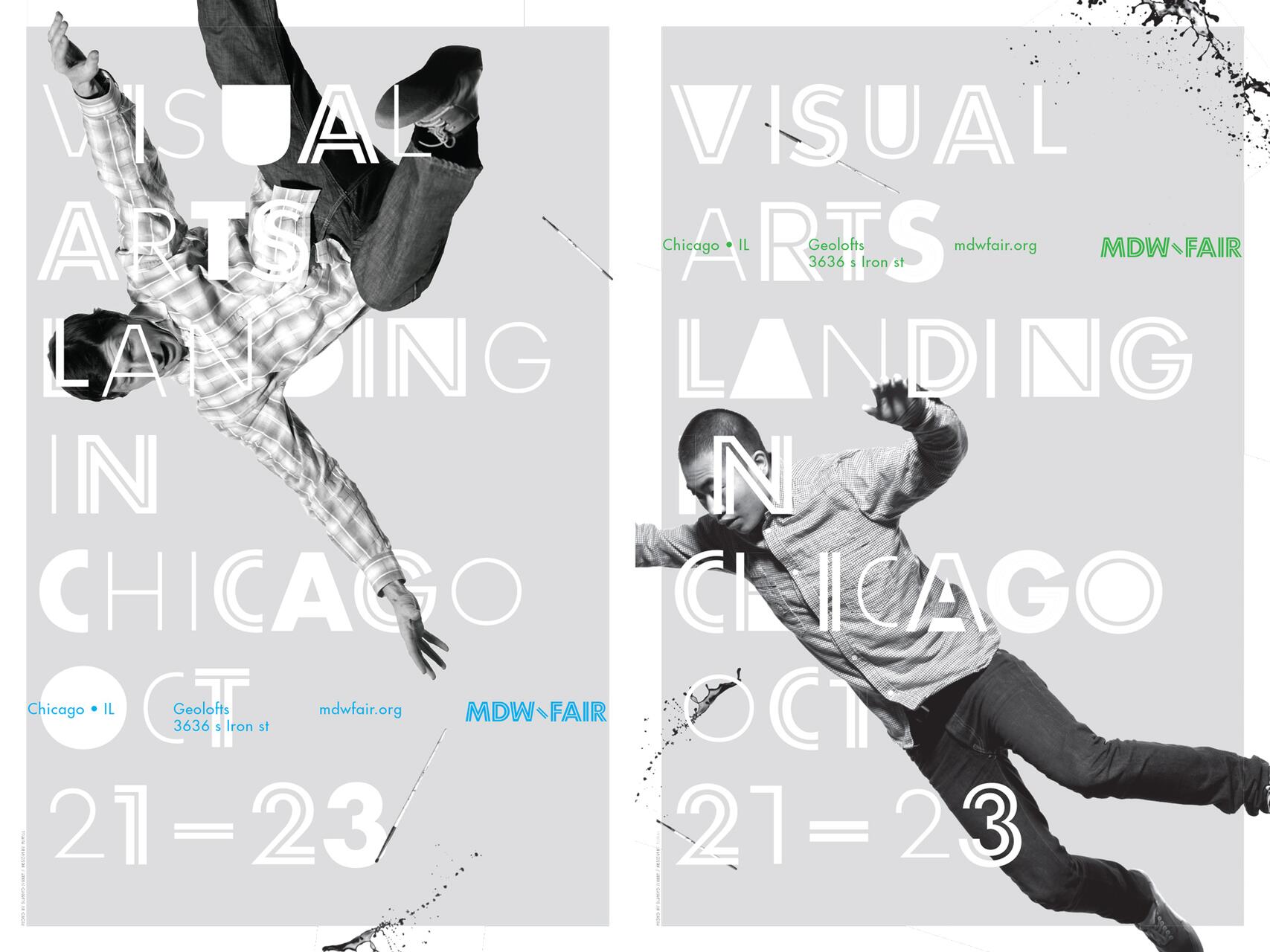 Black and white graphic with two people in mid-air against text reading “Visual Arts Landing in Chicago, Oct 21-23.” Text overlays blend into the background, creating a dynamic visual effect.