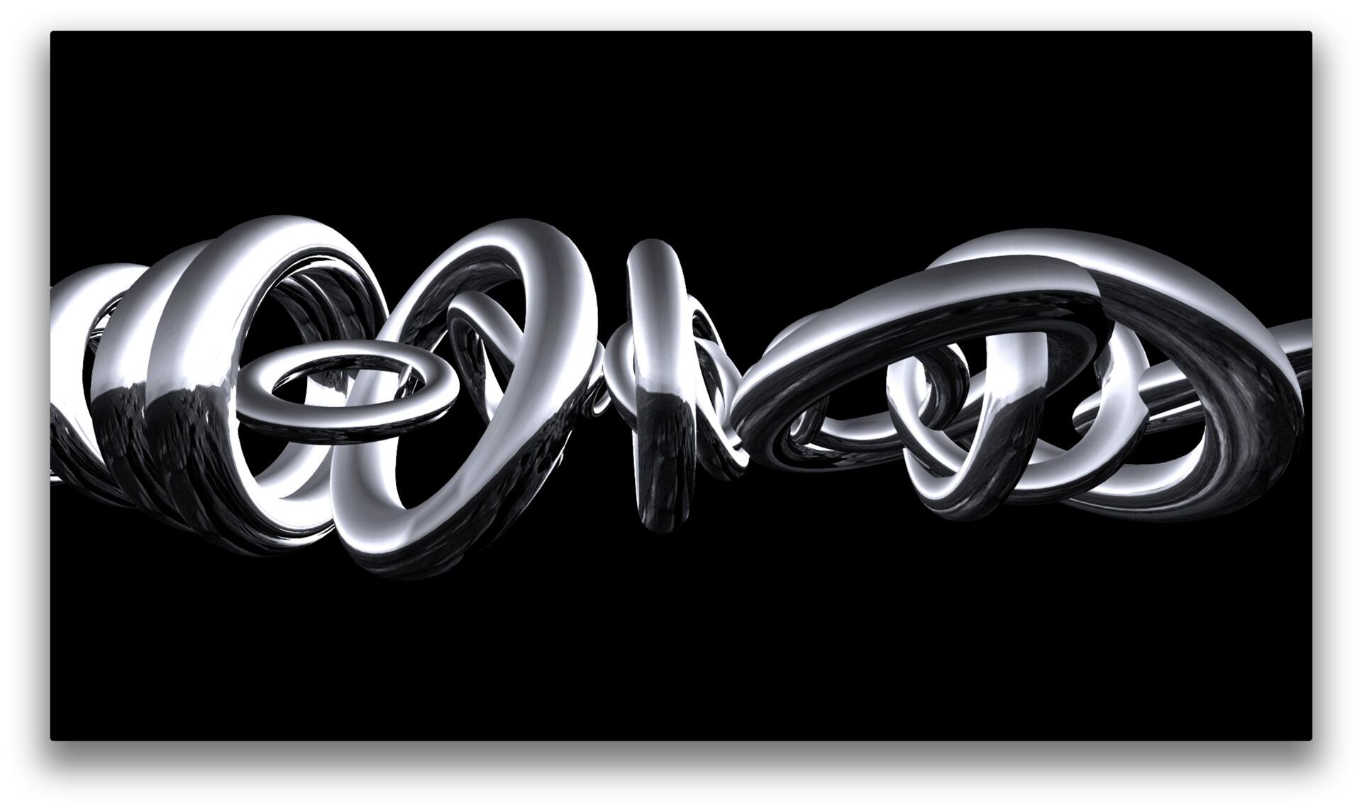 Abstract graphic featuring intertwined metallic rings on a black background.