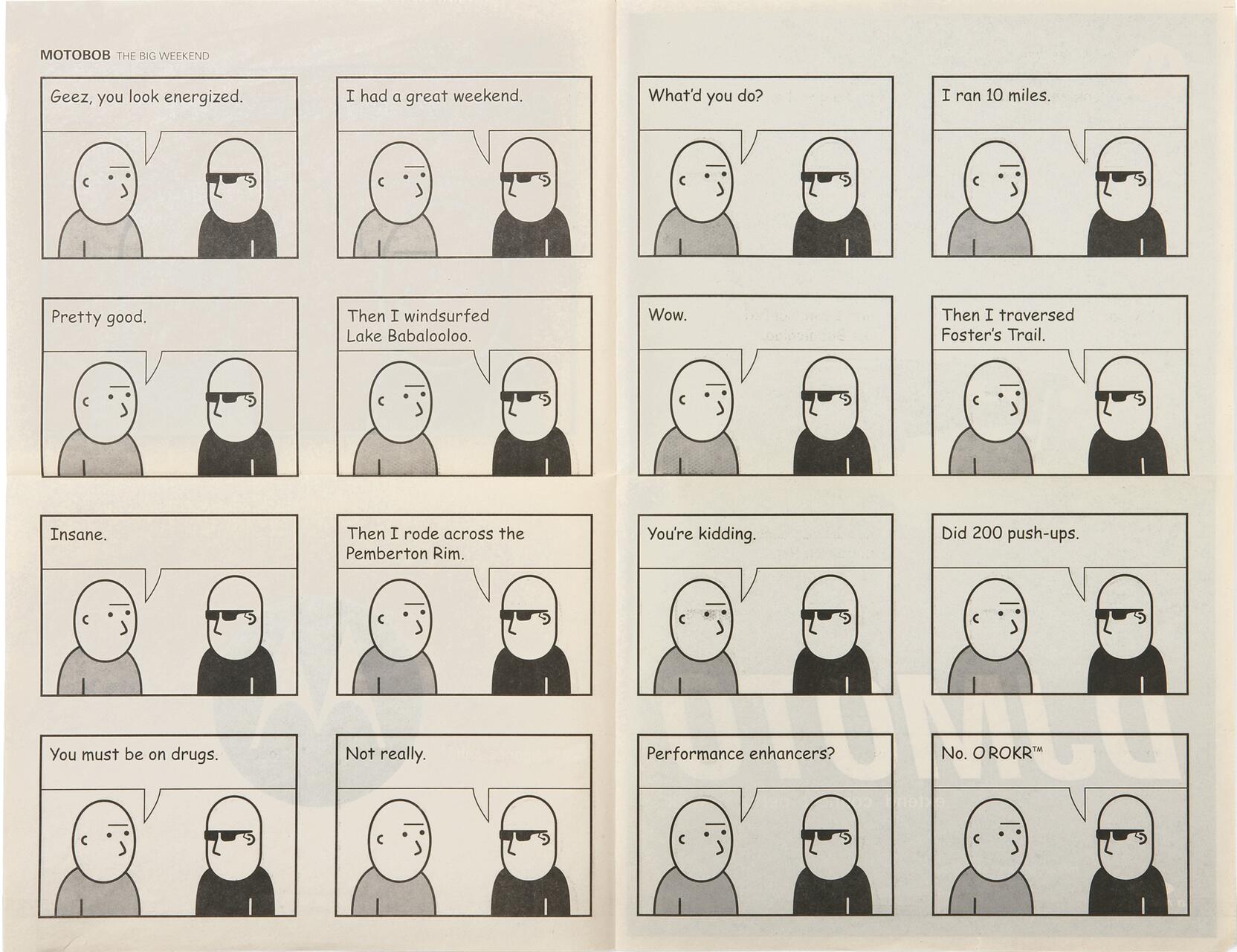 Comic strip with two characters talking. The left character is surprised by the other's weekend activities like running, windsurfing, and cycling. The right character, wearing sunglasses, boasts about extreme workouts and denies using performance enhancers.