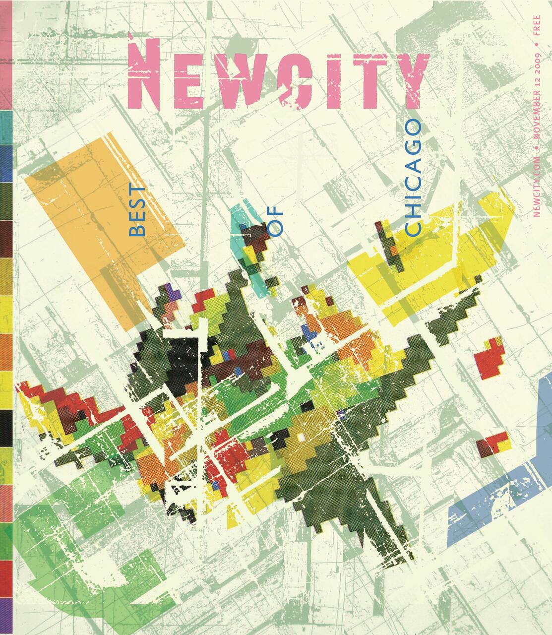 Abstract art design resembling a colorful, geometric map with blocks in shades of green, yellow, orange, red, and black. "Newcity" is in large pink text at the top with "Best of Chicago" in smaller blue text. A side border features a rainbow color palette.