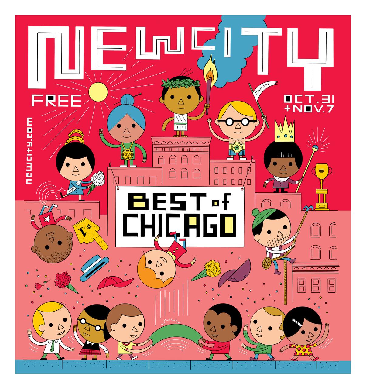 Cartoon illustration with people celebrating in a colorful cityscape. Some hold awards; others display skills or cheer. The central banner reads "Best of Chicago." Bright colors and playful characters create a lively atmosphere.