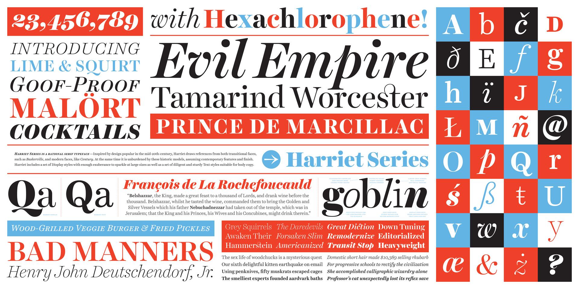 Assorted text in various fonts and colors, including phrases like "Evil Empire," "Bad Manners," and "Wood-Grilled Veggie Burger & Fried Pickles." A grid of colorful letters and symbols is on the right. Design showcases a serif typeface.