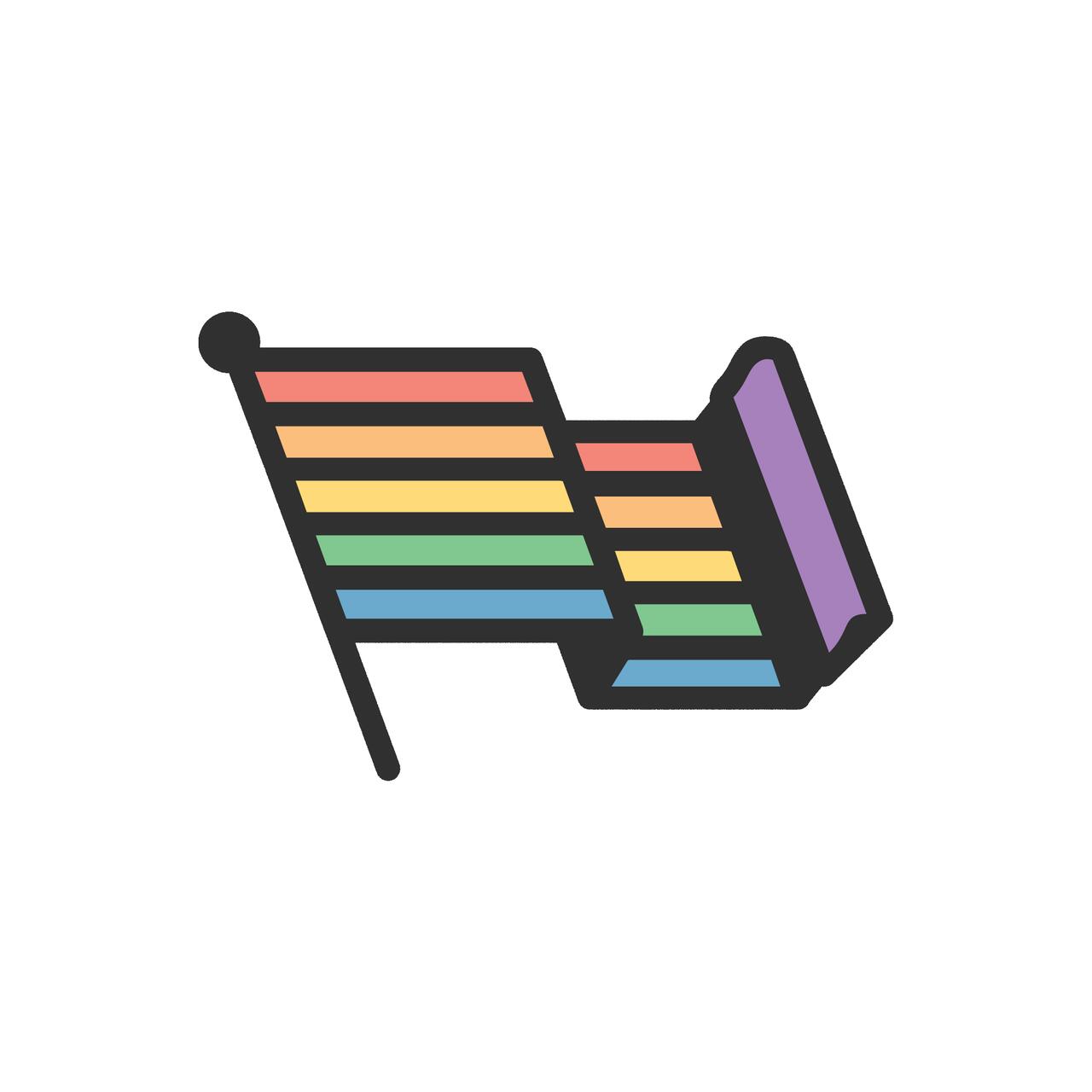 Rainbow flag graphic with horizontal stripes in red, orange, yellow, green, blue, and purple, stylized with a 3D effect.