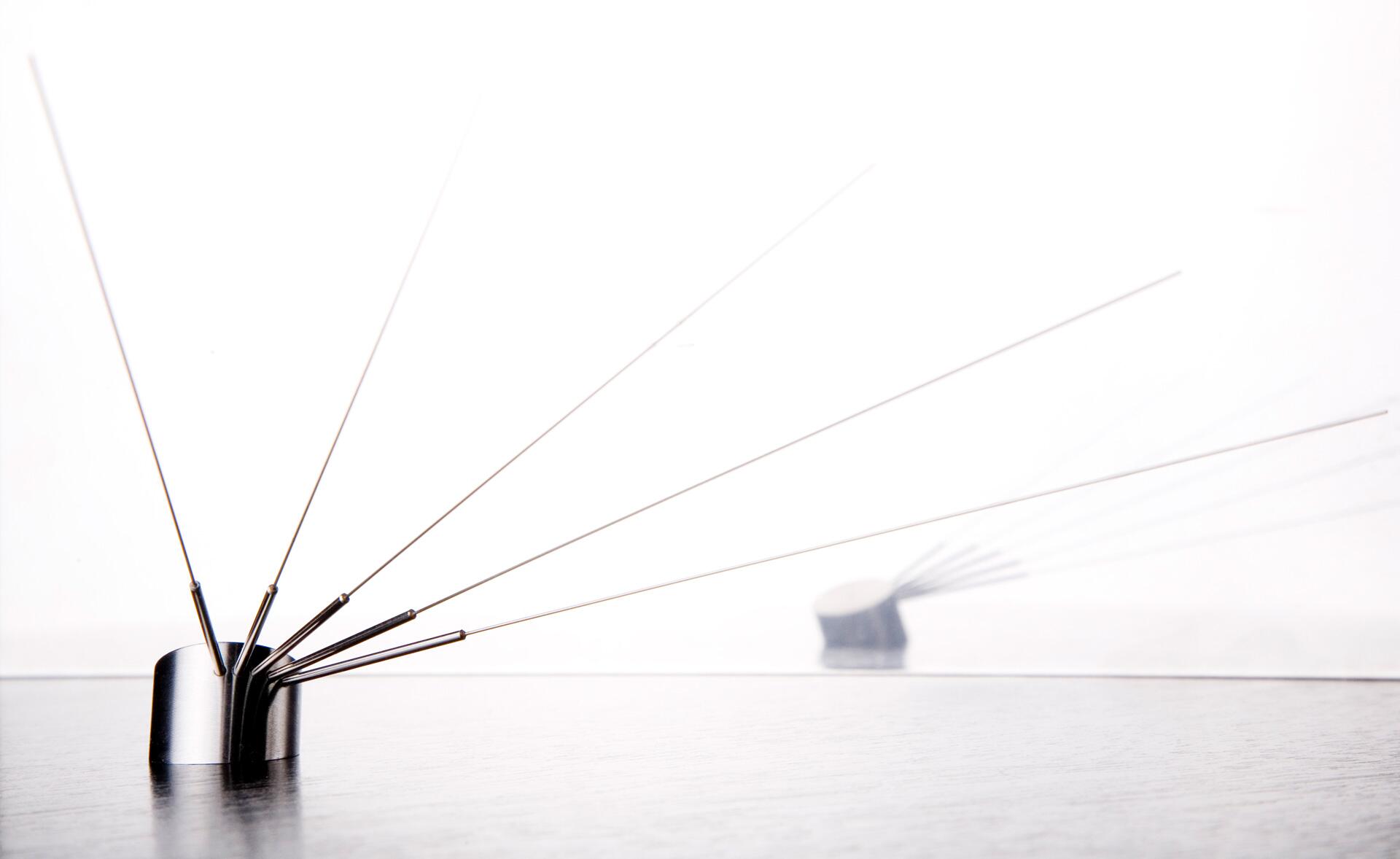 Tall metal sculpture with thin rods extending upwards at various angles, set against a reflective surface and white background.