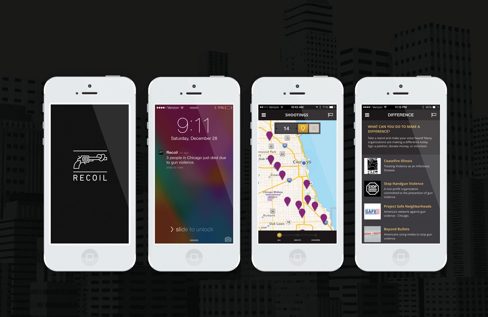 Four smartphones display a gun violence app named "Recoil." Screens show the app logo, a notification about gun violence, a map of shootings in Chicago, and resources to make a difference.