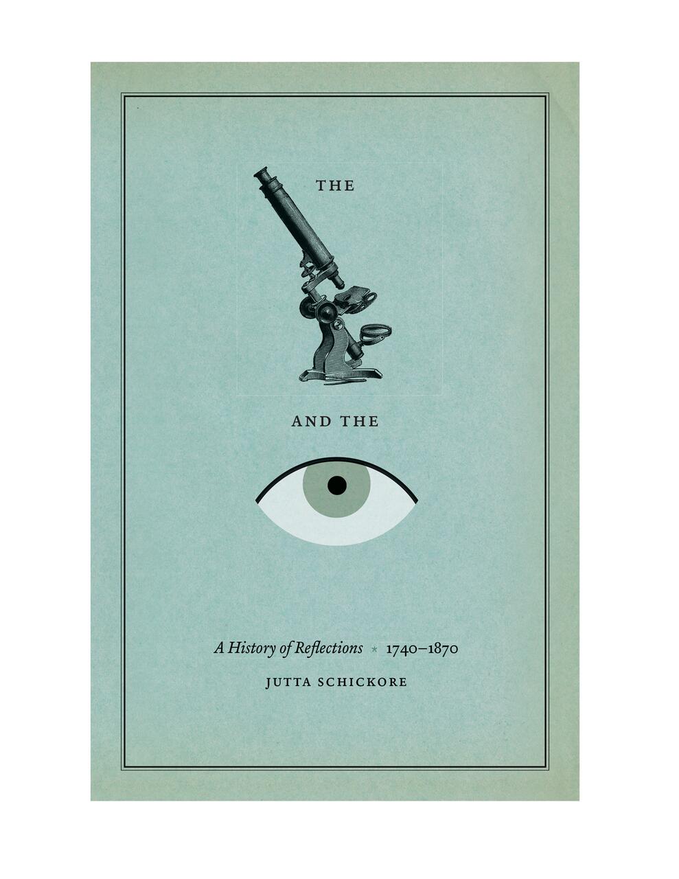 A book cover titled "The Body and the Lens: A History of Reflections 1740–1870" by Jutta Schickore. Features an illustration of a microscope above an eye on a light blue background.