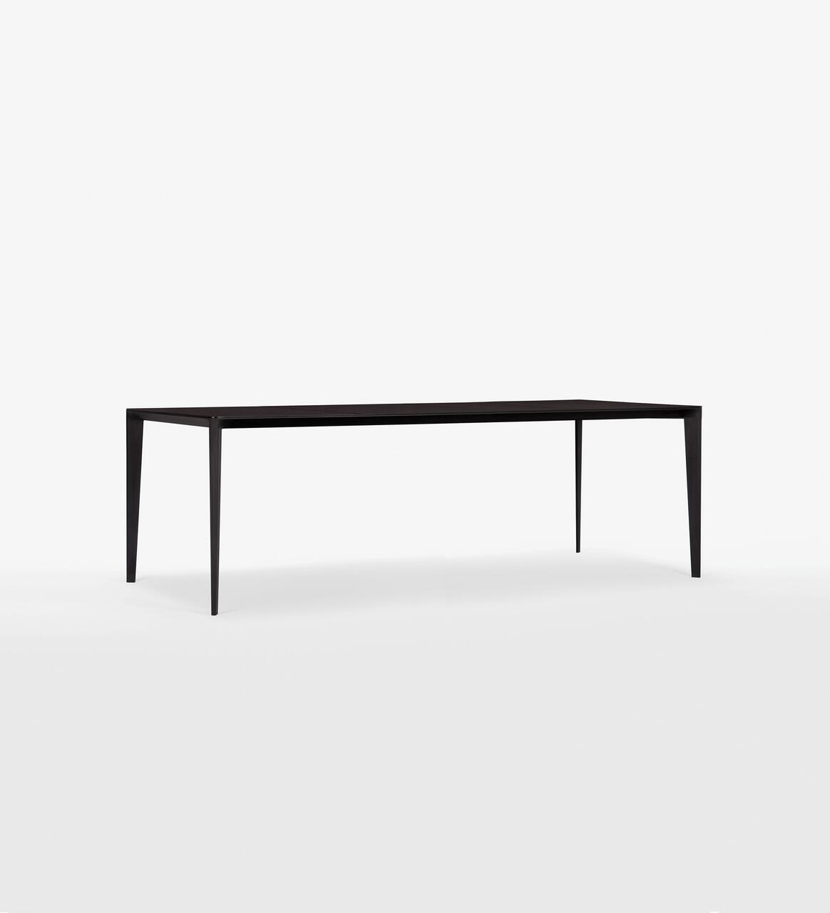 A sleek, minimalist black table with four slender legs on a white background.