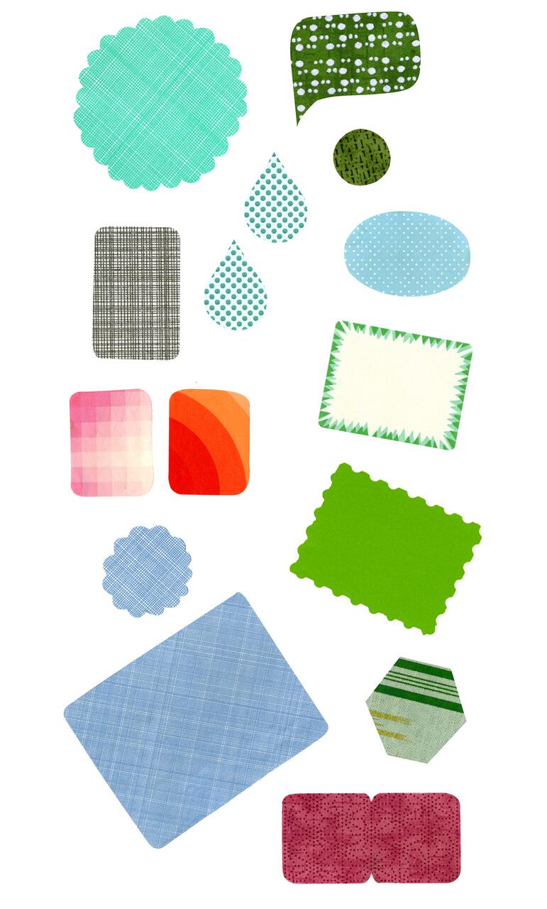 Various colorful, patterned shapes including circles, rectangles, ovals, teardrops, and hexagons, displayed on a white background.