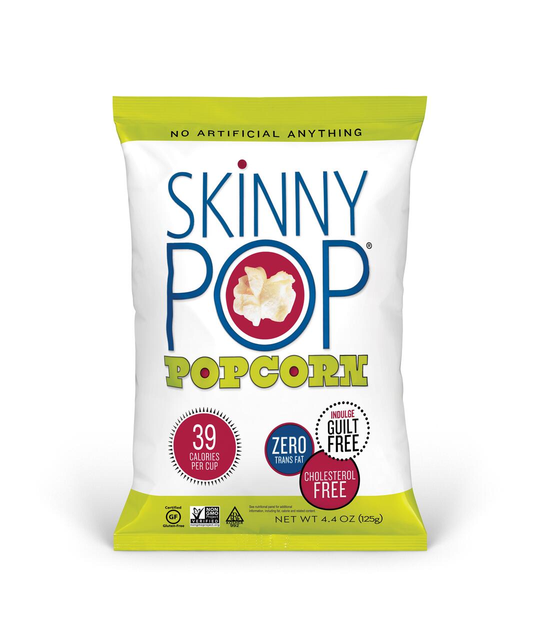 SkinnyPop popcorn bag with green and white design, highlighting 39 calories per cup, zero trans fat, and cholesterol free.