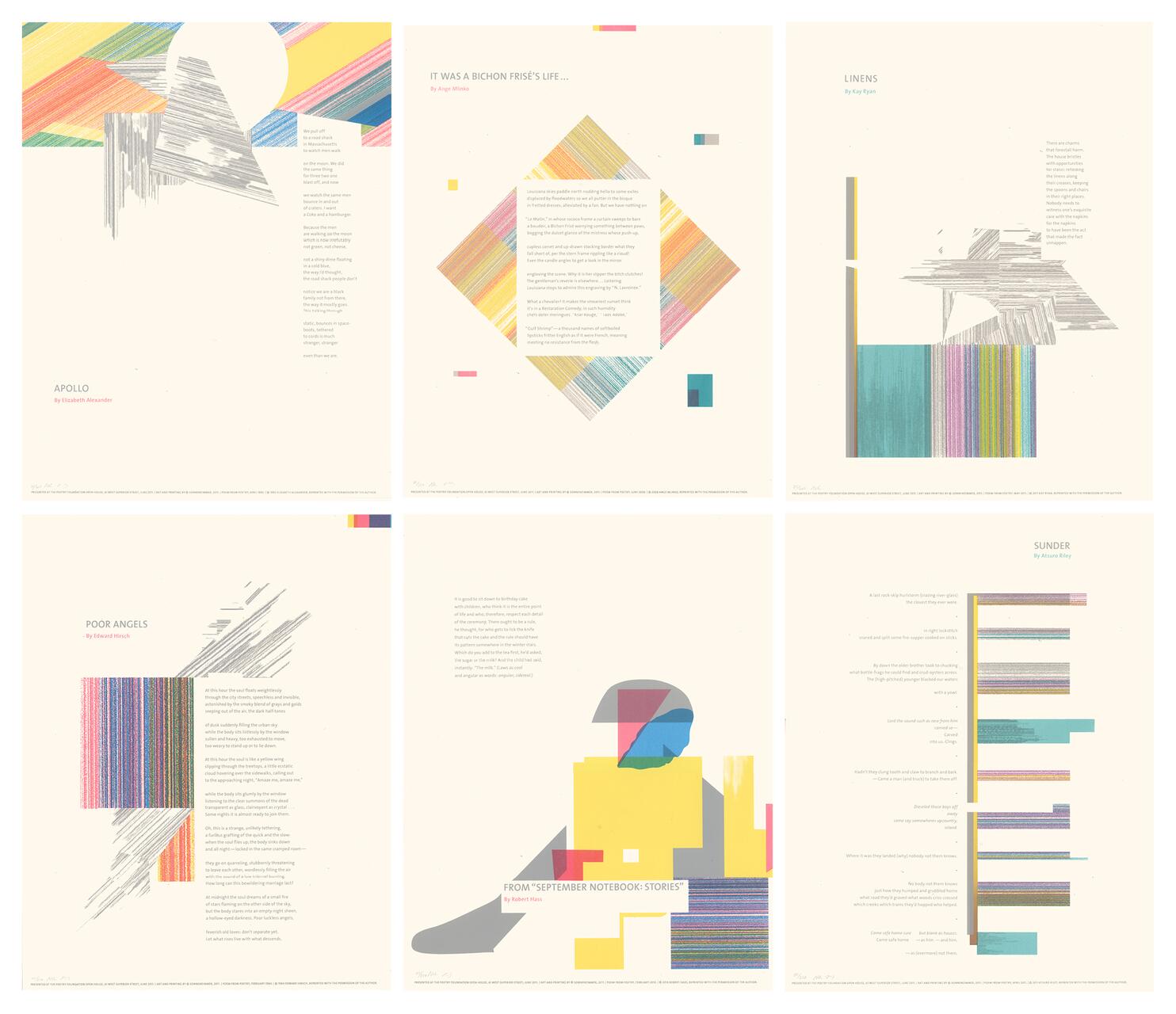 A collection of six abstract graphic designs, each featuring colorful geometric patterns and lines alongside text blocks. The designs use bold colors like blue, red, yellow, and green, with each piece varying in layout and composition, adding visual interest.